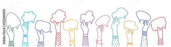 Fototapeta Raised hands holding speech bubble.