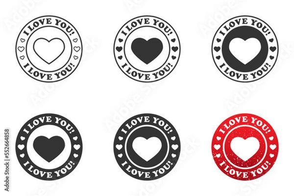 Fototapeta Set of round stamps with heart shape inside and lettering: I love you! Vector illustration.