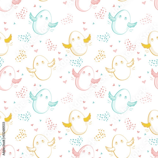 Fototapeta Seamless pattern with cute colorful eggs with wings and hearts on a white background. Hand drawn vector design elements for Easter or design for kids.
