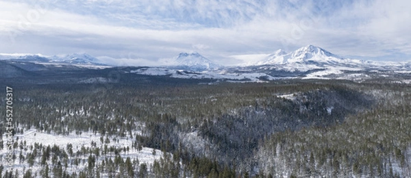 Fototapeta aerial drone of snow covered mountains and forest in winter