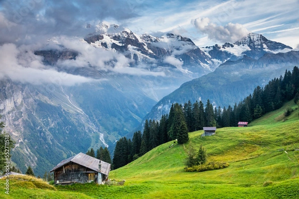 Obraz Snowcapped Bernese Swiss alps and Murren village, Switzerland