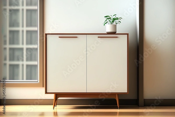 Fototapeta Cabinet mock up in a modern, vacant space with a wooden white wall. Generative AI
