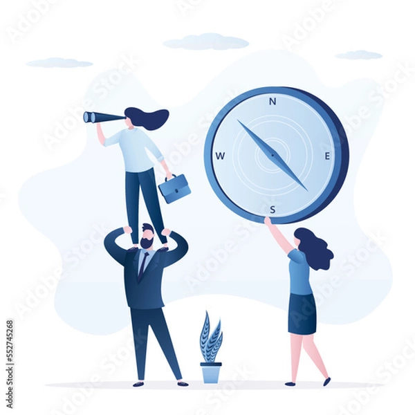 Fototapeta Colleagues or entrepreneurs choose right direction for business. People use binoculars and compass for finding route, search for right way of business development. Global vision. Teamwork.