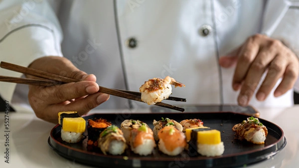 Fototapeta Chef cooking sushi in the kitchen