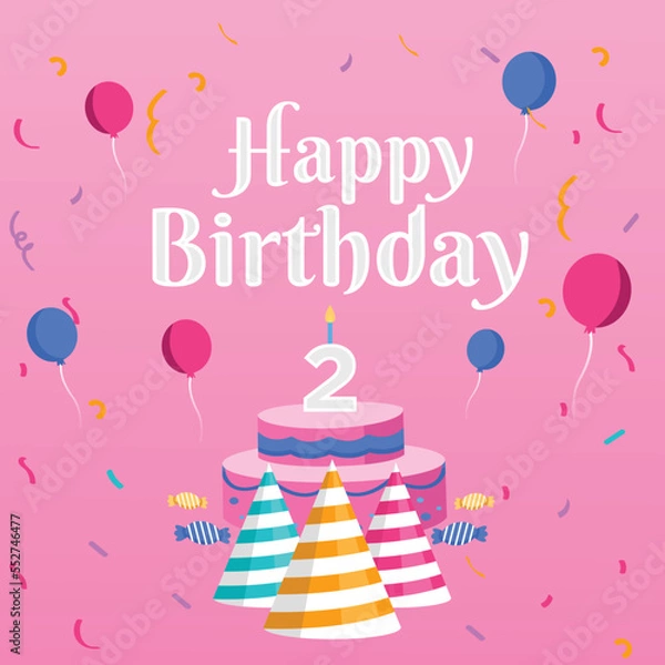 Fototapeta Birthday cake with candles. Bday of the baby 2nd year. Anniversary of the child. Festive greeting card. birthday cake with cream on a pink background. Happy birthday