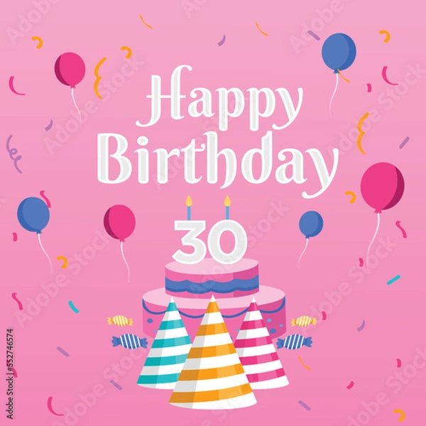 Fototapeta Birthday cake with candles. Bday of the baby 30th year. Anniversary of the child. Festive greeting card. birthday cake with cream on a pink background. Happy birthday