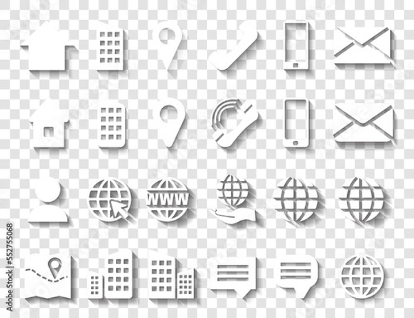 Fototapeta White Contact Info Icon Set with Shadows for Location Pin, Phone, Web and Cellphone, Person and Email Icons.