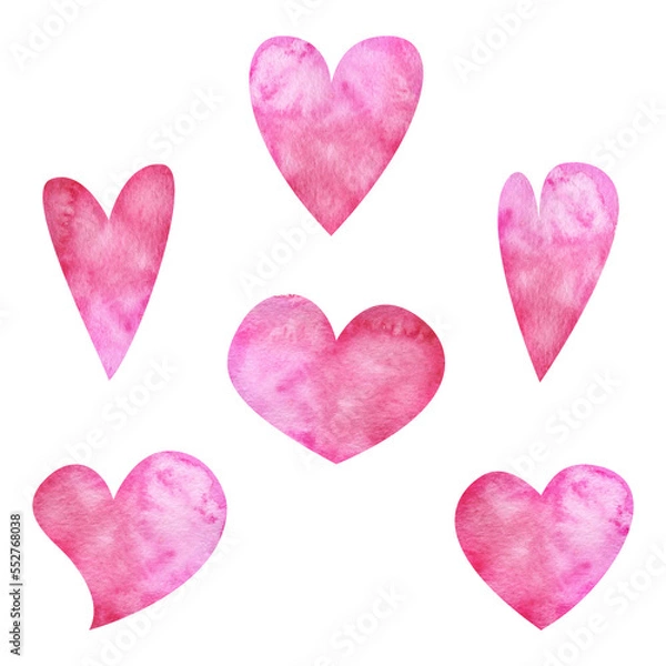 Fototapeta Watercolor hand drawn set of objects, textured red, pink hearts for Valentine's day. Isolated on white background. Design for paper, love, greeting cards, textile, print, wallpaper, wedding