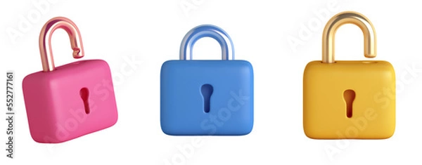 Fototapeta Collection of padlocks cartoon style on transparent background, 3d rendering illustration