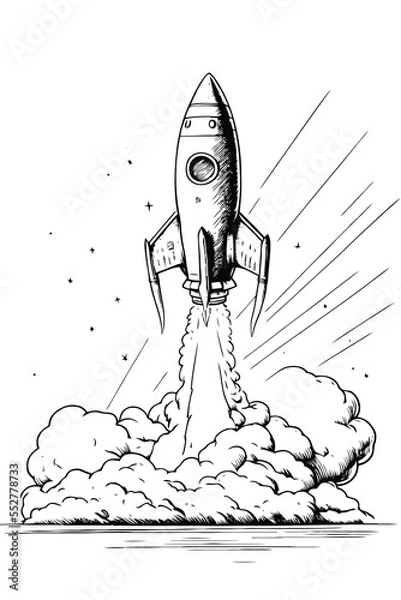 Fototapeta Cartoon rocket launch. Black contours on a white background