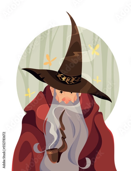 Fototapeta Portrait of an old wizard with a pipe. Smoke, gray beard. Vector illustration, character design. 
