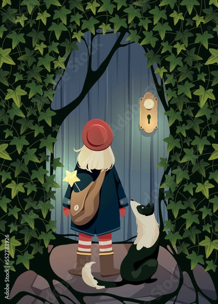 Fototapeta Vector illustration of the girl and the dog that stand in front of the old door. Ivy. Character design