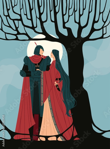 Fototapeta Vector illustration of a couple. The knight and lady look at each other. Fantasy, medieval. Character design