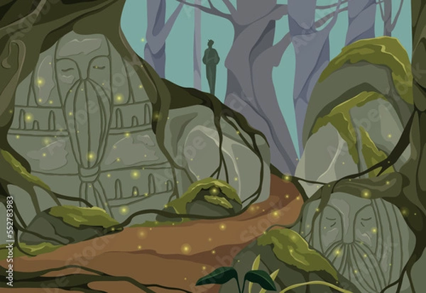 Fototapeta Vector illustration of an ancient forest. Huge stones, totems. Mystical forest. Fairytale.