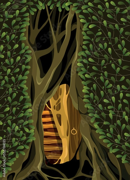 Fototapeta Vector cartoon illustration of a tree with leaves. Hollow, house of fairies. Fantasy art.