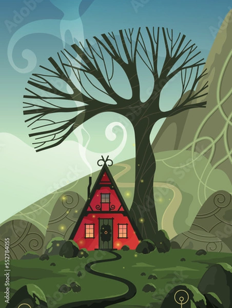 Fototapeta Cozy fairytale house under an old tree. Celts. Vector cartoon illustration.