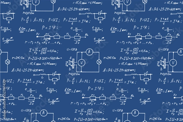 Obraz Physics, electronic engineering, mathematics equation, scheme and calculations, endless hand writing. Vector blueprint. Technology seamless pattern.