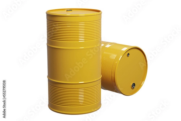 Fototapeta Yellow oil barrels against isolated background, 3d rendering. Oil refinery and trading, fossil fuels industry concepts