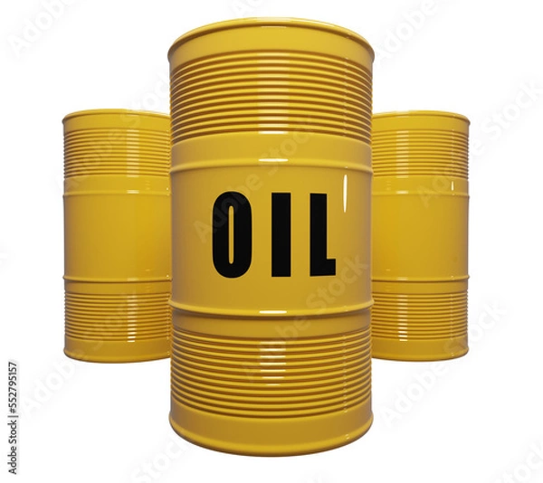 Fototapeta Yellow oil barrels against isolated background, 3d rendering. Oil refinery and trading, fossil fuels industry concepts