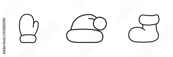 Fototapeta Isolated outlines of hat, boot, and mitten on a white background. Set of vector illustrations. For winter designs, Christmas prints, paper, decors, stickers, invitations, cards, and the web.