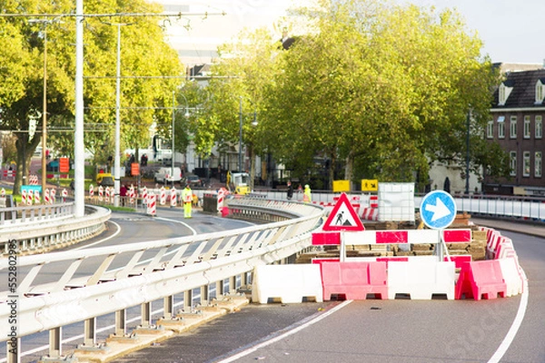 Fototapeta Work site closed with roadblocks for road works in the Netherlands