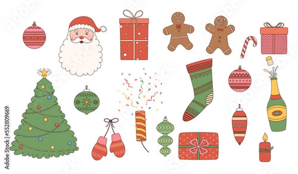 Fototapeta Christmas and New Year stickers in cartoon retro style. Santa's head, gingerbread, garlands and gifts, Christmas tree with decorations and lights, champagne, holiday firecracker, gift boxes, socks.