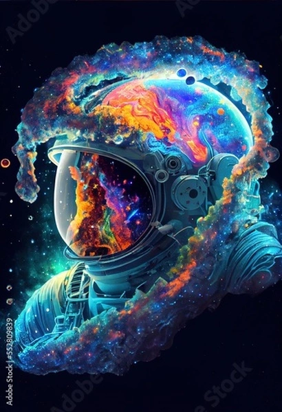 Obraz Astronaut floating through the galaxy helmet reflect