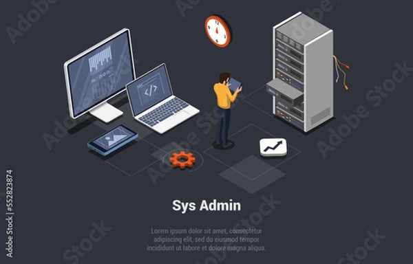 Fototapeta Concept Of Big Data Storage, Sys Admin. Server Room With Hardware Racks or Web Hosting Infrastructure. Male Character Controls of Working Cloud Computing. Isometric 3d Cartoon Vector illustration