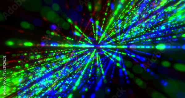 Fototapeta Bright glowing multi-colored beautiful laser lines from dots and particles with blur rainbow effect background space dark abstract design