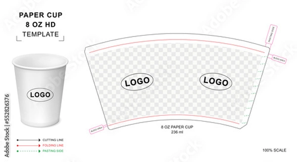 Fototapeta Paper cup die cut template for 8 ounce Hot Drink with 3D blank vector mockup for food packaging