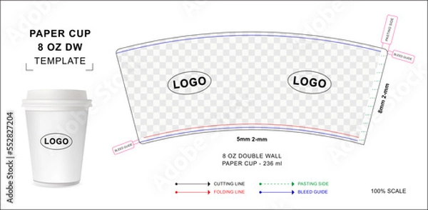 Fototapeta Paper cup die cut template for 8 ounce Double wall with 3D blank vector mockup for food packaging	