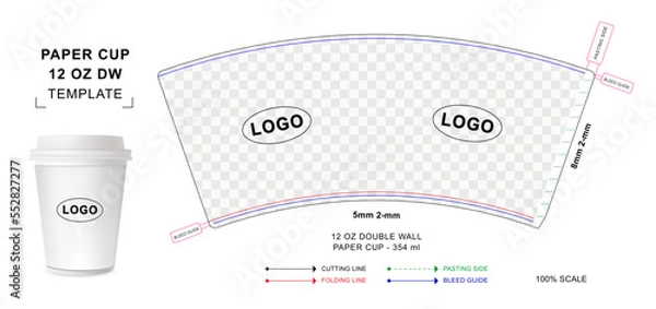 Fototapeta Paper cup die cut template for 12 ounce Double wall with 3D blank vector mockup for food packaging	