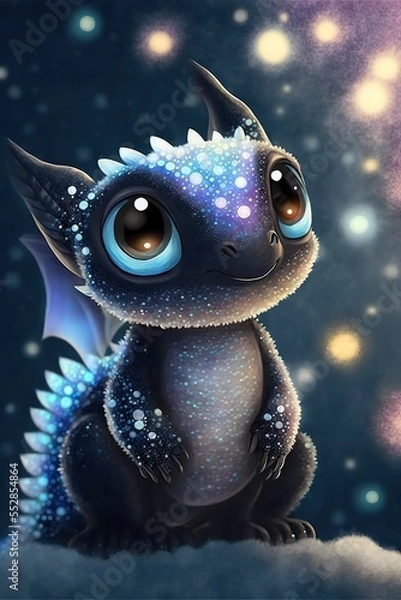 Obraz Cute luminescent black baby dragon like creature, generative ai.