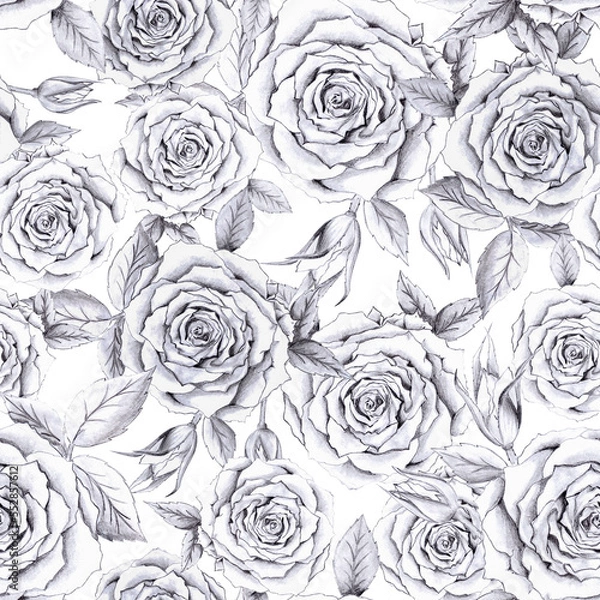 Fototapeta Hand drawn seamless endless pattern with white and black graphic art roses as floral design.Minimalistic botanical background