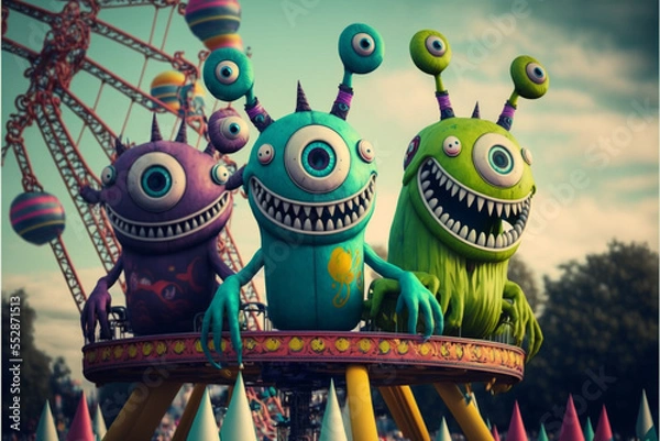 Obraz Group of cute little alien monsters having fun at the amusement park. Colorful funny scenes of monster aliens. Generative AI illustrations
