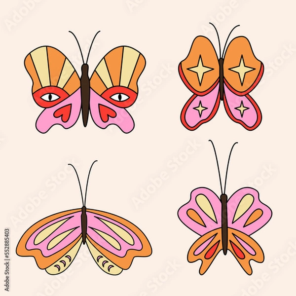 Fototapeta  Butterflies groovy 70s set. Retro hippy set. Vector doodle retro insects illustrations