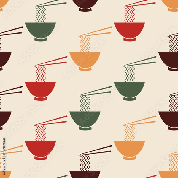 Fototapeta Seamless pattern with bowl of noodles and chopsticks