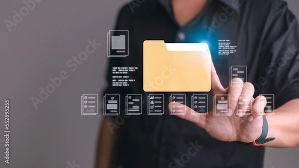 Fototapeta Businessman finger touch digital device, hud hologram with office document icons and binary. Storage of personal data information, online database. Concept of cloud service