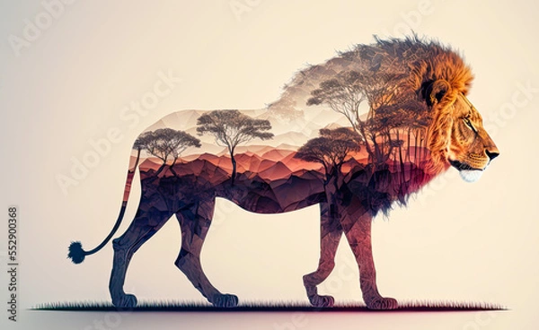 Fototapeta Lion and the African savanna, double exposure photography. Generative AI
