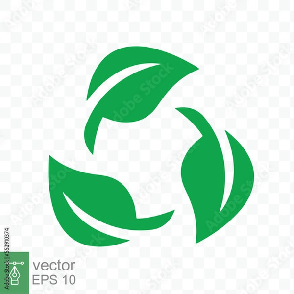 Fototapeta Recycle icon. Green leaf circle logo, biodegradable recyclable plastic free package symbol, eco friendly product template. Vector illustration isolated on transparent background. EPS 10.