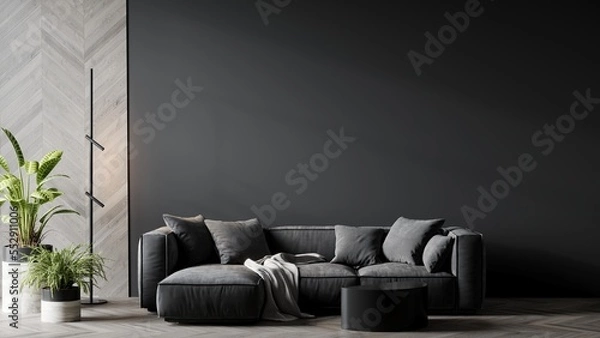 Obraz Living room in gray and black colors. Blank empty dark room interior. Design in minimalist style. Graphite modern sofa and herringbone beige accent. 3d render