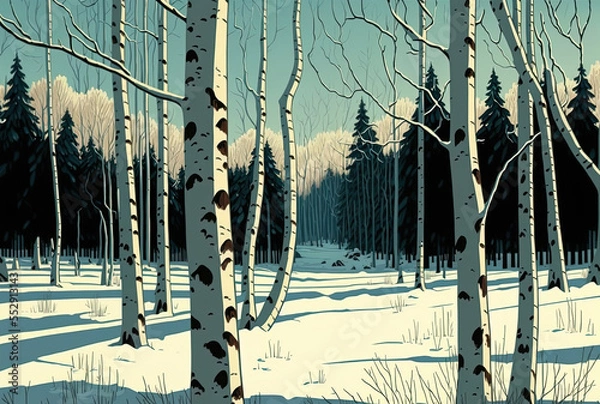 Obraz Birch trees' thick branches in a Russian woodland during the winter. Generative AI