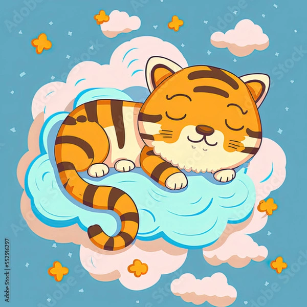Fototapeta Cute Tiger Sleep on a Cloud. KAWAII Stylish Comic Stamp. Flat Minimalist Design Art. For UI, WEB, Novel, Game, AD, Poster