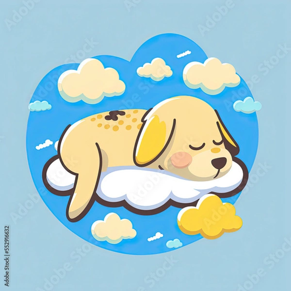 Fototapeta Cute Dog Sleep on a Cloud. KAWAII Stylish Comic Stamp. Flat Minimalist Design Art. For UI, WEB, Novel, Game, AD, Poster