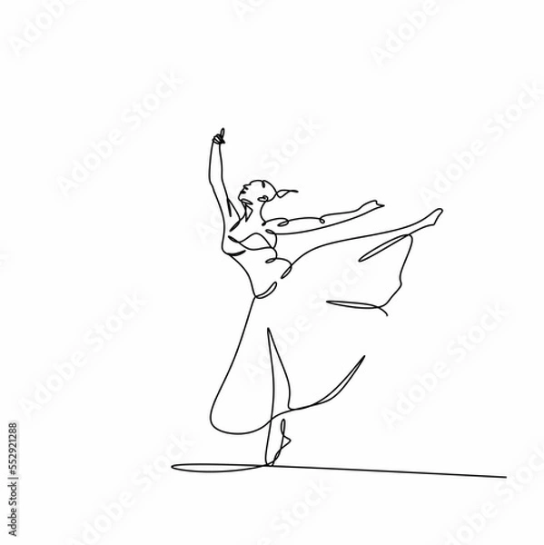 Fototapeta Continuous silhouette drawing of a female ballerina. A vector illustration of a ballet demonstrates a minimalistic dance movement isolated on a white background.