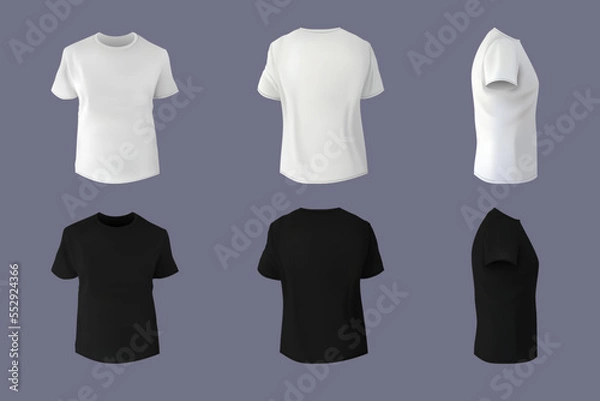 Fototapeta Black and white blank t-shirt mockup. Front, back and side view, sport short sleeve empty print, blank men clothes. Casual textile clothing promotion. Vector realistic design template