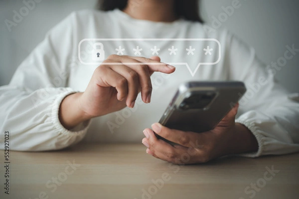 Fototapeta Mobile phone security code requirement for safety access online network. Device login with password.