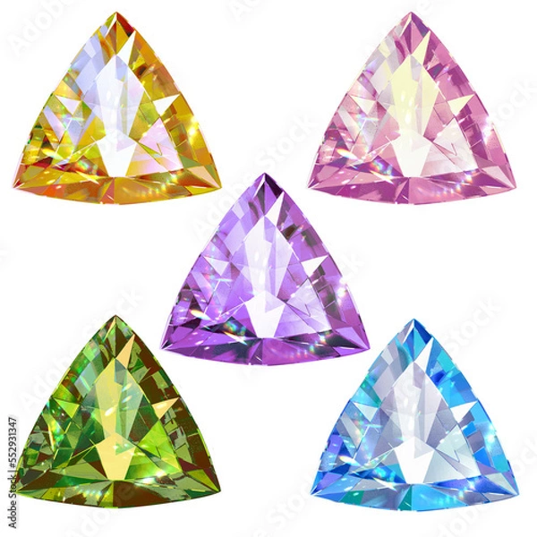 Fototapeta Set of colorful shiny gemstones diamond in triangle shape geometric crystal sapphire jewelry stone design