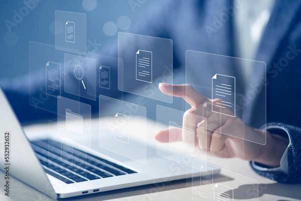 Obraz Document Management System DMS and Software for archiving searching and managing files online document database. Consultant information technology setup DMS working on computer