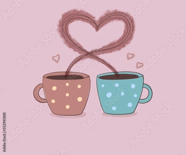 Obraz Two coffee brown and green cups with hearts on a pink background, digital drawing.